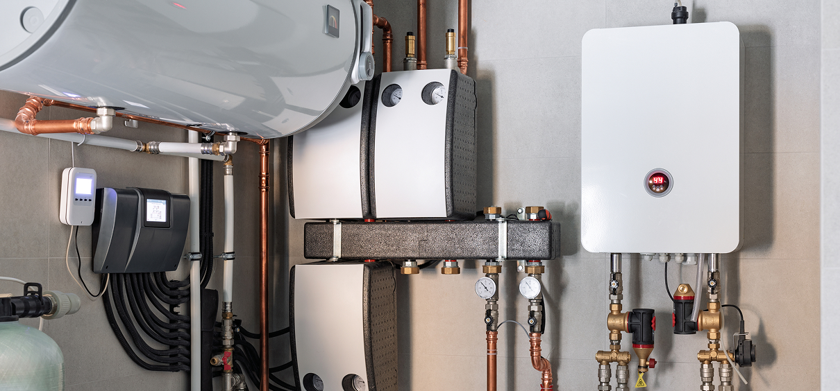 Boiler room with various heating systems